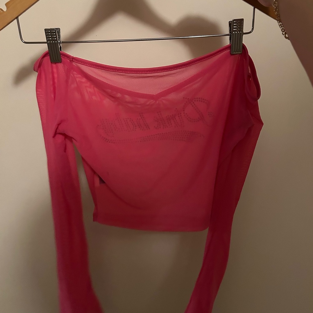 Pink Sheer Off-the-shoulder Long Sleeve Top - Picture 2 of 2